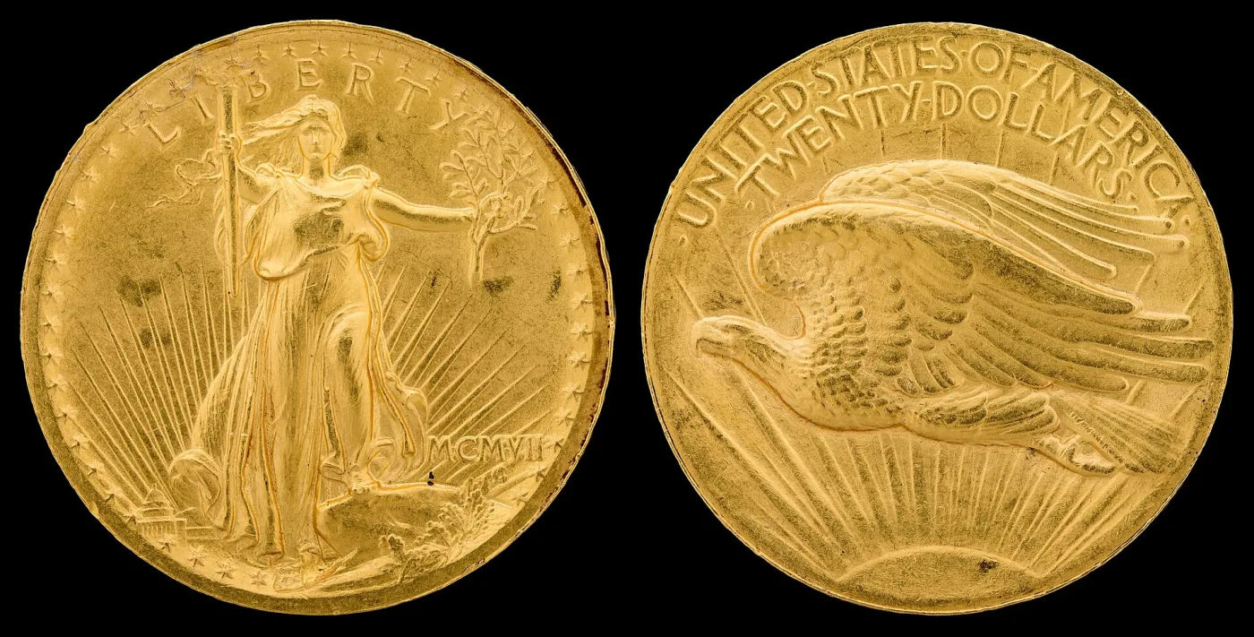 Obverse and reverse of a 1907 High Relief double eagle from the Smithsonian collection, showing the Capitol building at lower left of the obverse