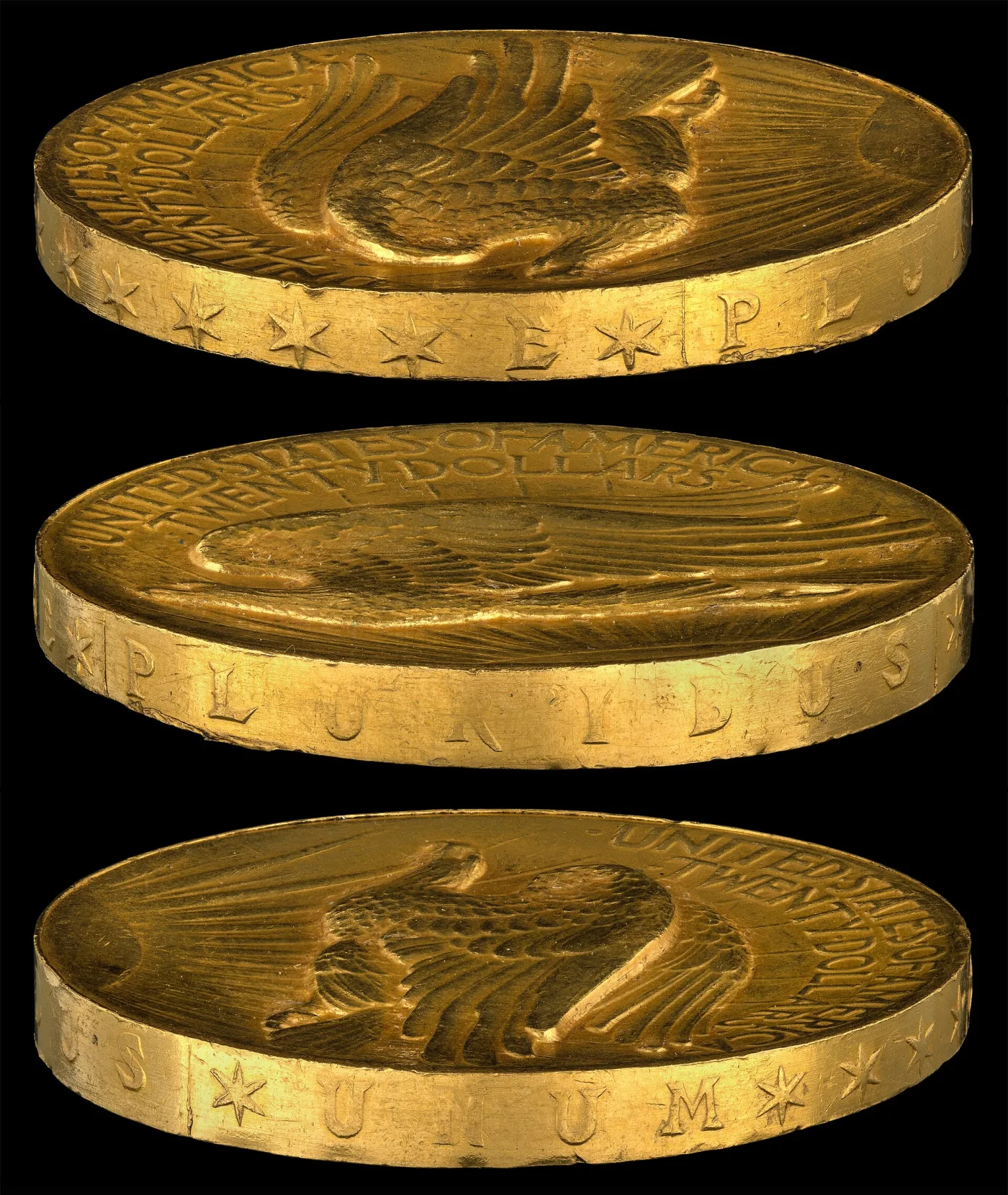 Three angled views of the edge of a 1907 High Relief double eagle showing the letters of E PLURIBUS UNUM incused between raised stars