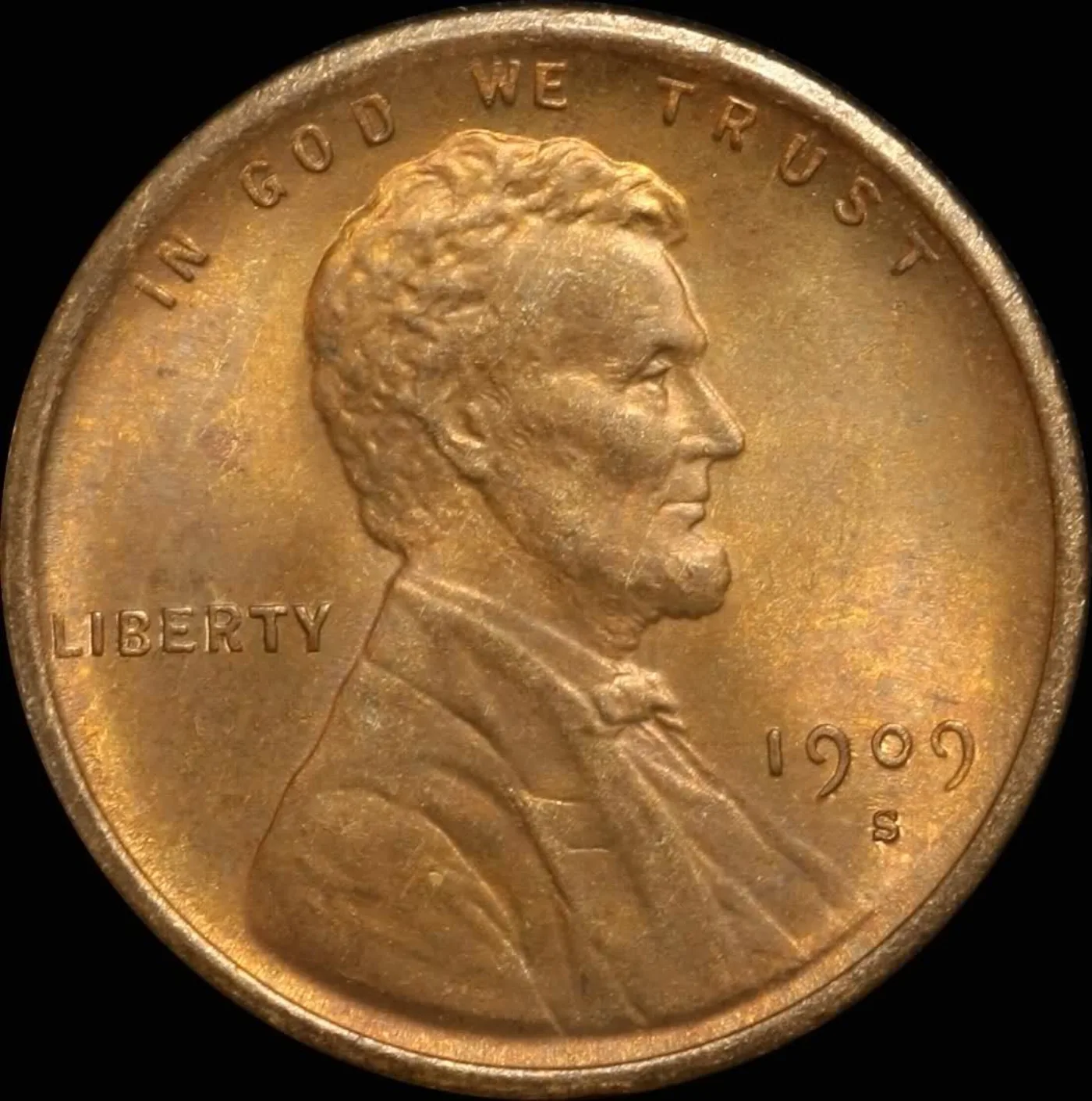 Obverse of a 1909-S Lincoln cent with a clear S mint mark punched below the date