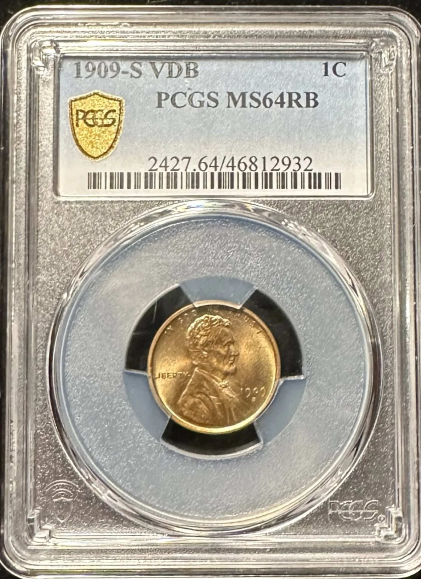 1909-S VDB Lincoln cent sealed in a PCGS holder, label reading MS64RB with a certification number