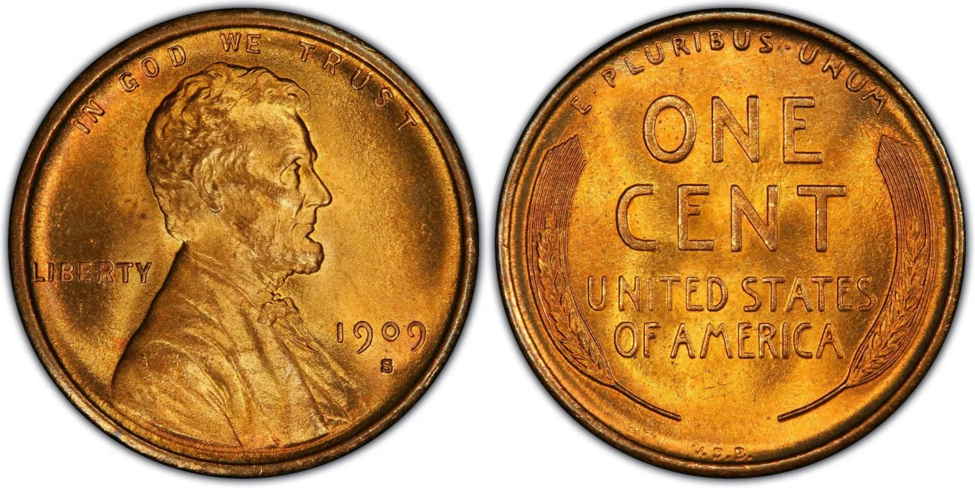 Obverse and reverse of a 1909-S VDB Lincoln cent, showing the S mint mark below the date and the V.D.B. initials at the base of the reverse