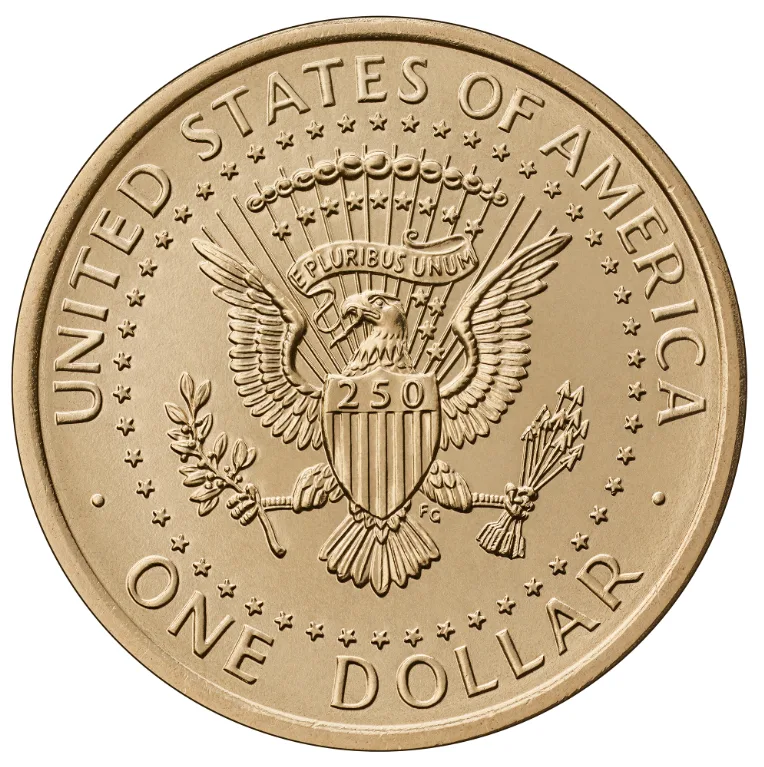 Reverse of the 2026 Trump dollar: an eagle with shield bearing the number 250, a ring of stars, UNITED STATES OF AMERICA above and ONE DOLLAR below