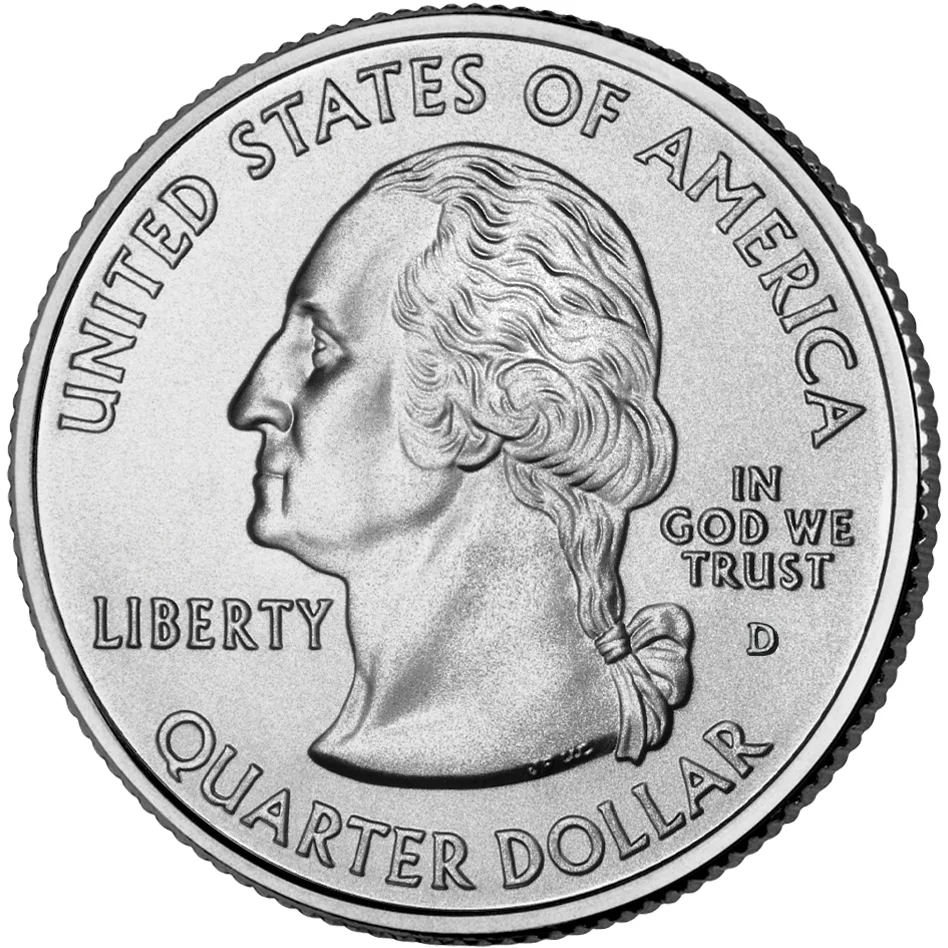 Obverse of a Denver state quarter, the D mint mark in the field below TRUST and to the right of the ribbon tying Washington's hair