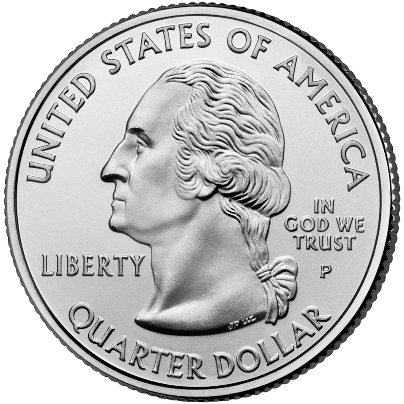 Obverse of a Philadelphia state quarter with UNITED STATES OF AMERICA above the portrait, QUARTER DOLLAR below it, LIBERTY at the left, IN GOD WE TRUST and a P mint mark at the right, and no date