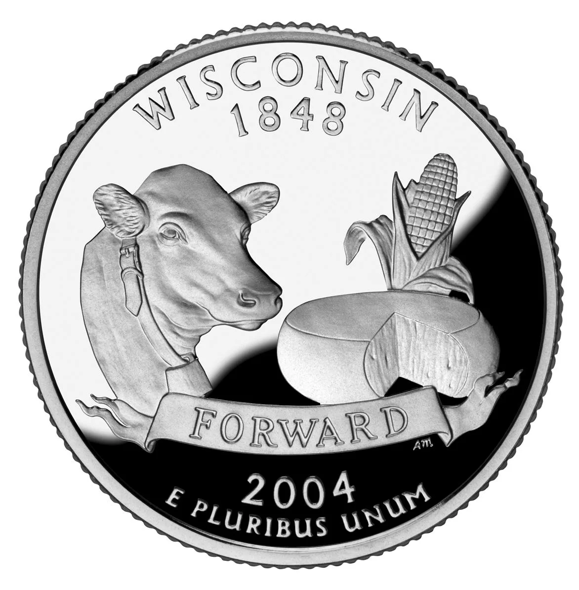 Reverse of a normal 2004 Wisconsin quarter, a cow's head at the left, a wheel of cheese at the centre and an ear of corn with a single husk leaf curling to its left