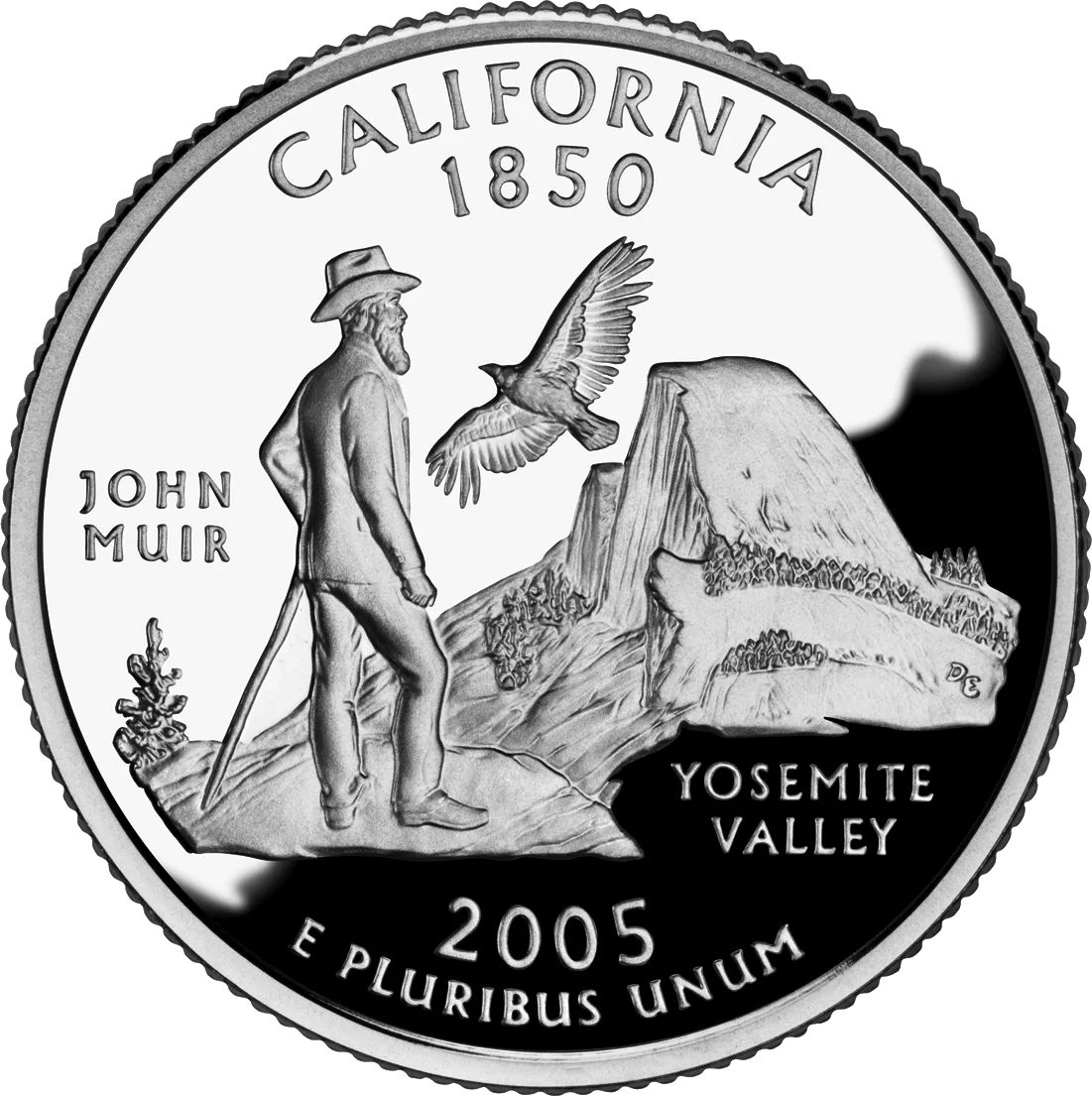 Reverse of the 2005 California quarter in proof, John Muir looking toward Half Dome with a condor overhead, CALIFORNIA and 1850 above and 2005 with E PLURIBUS UNUM below