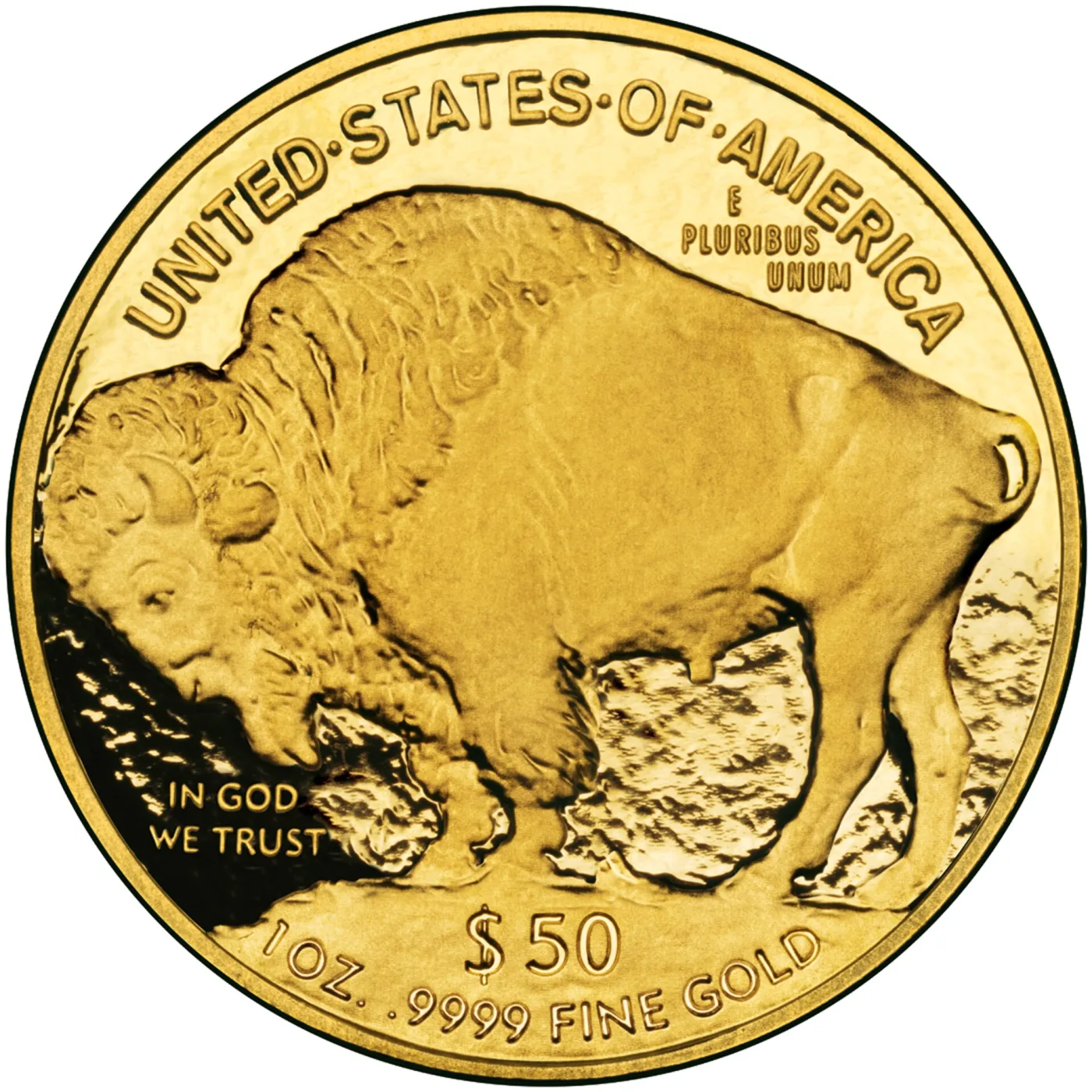 Reverse of a 2006-W proof American Gold Buffalo, the frosted bison against a mirrored field, with the legend $50 1 OZ. .9999 FINE GOLD
