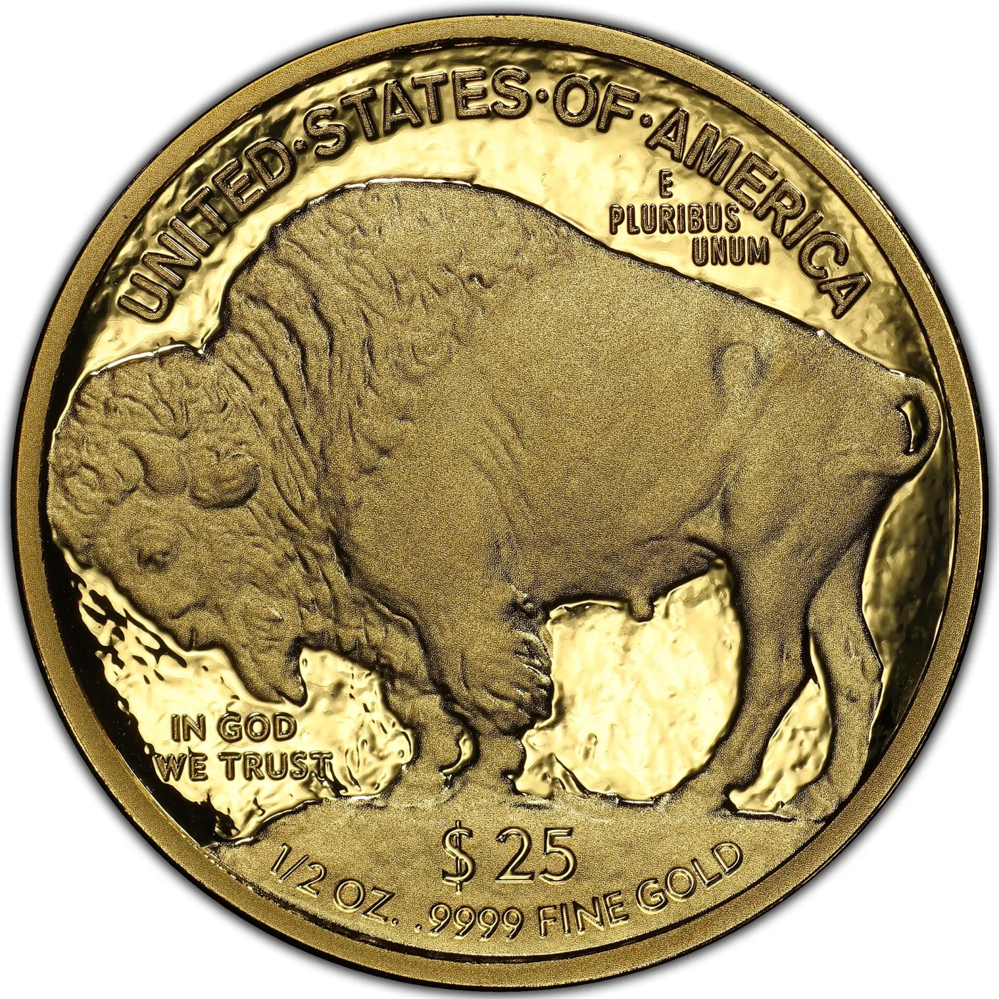 Reverse of a 2008 half-ounce American Gold Buffalo, the bottom legend reading $25 with 1/2 OZ. .9999 FINE GOLD beneath it