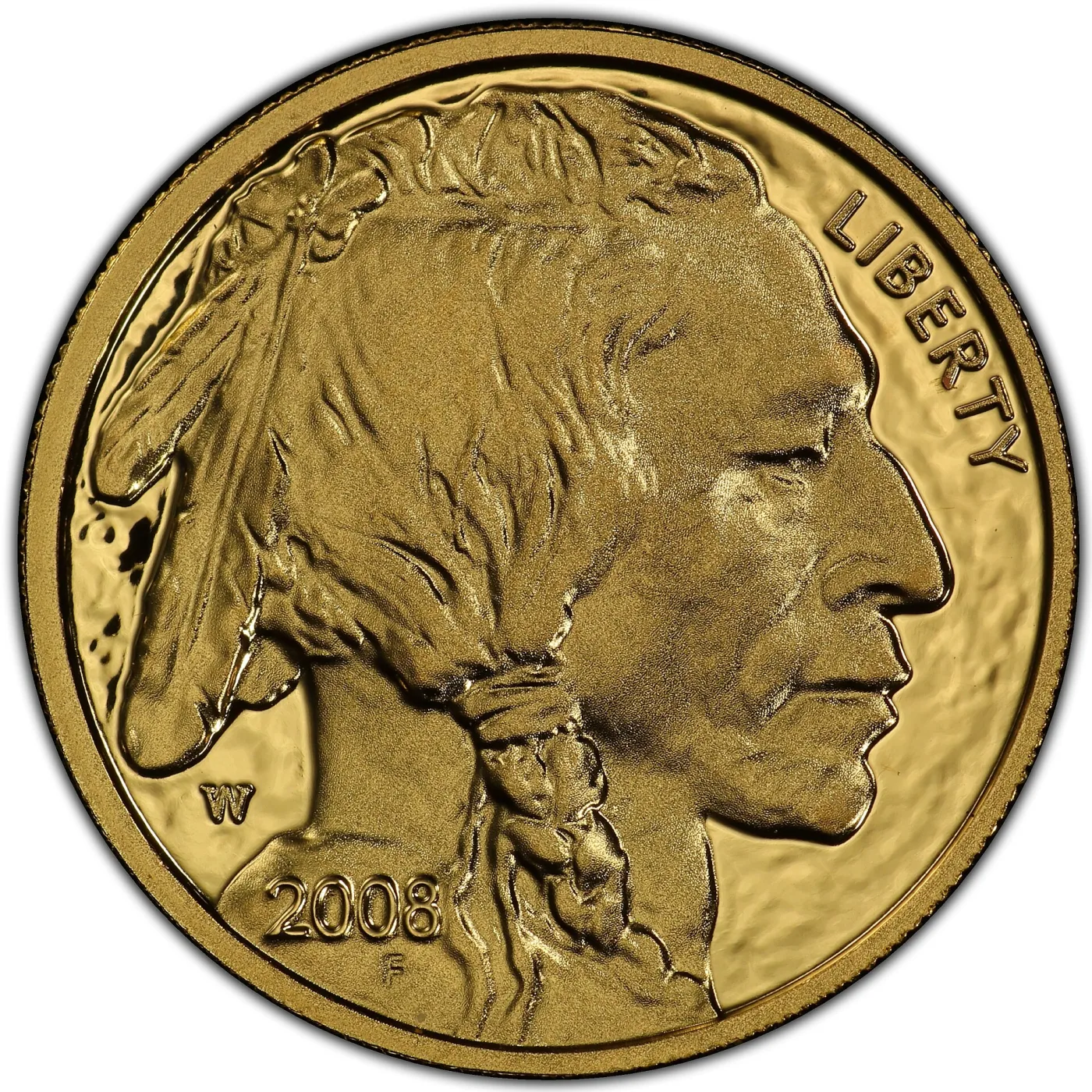 Obverse of a 2008-W tenth-ounce proof American Gold Buffalo, the W mint mark above the date 2008 at the lower left