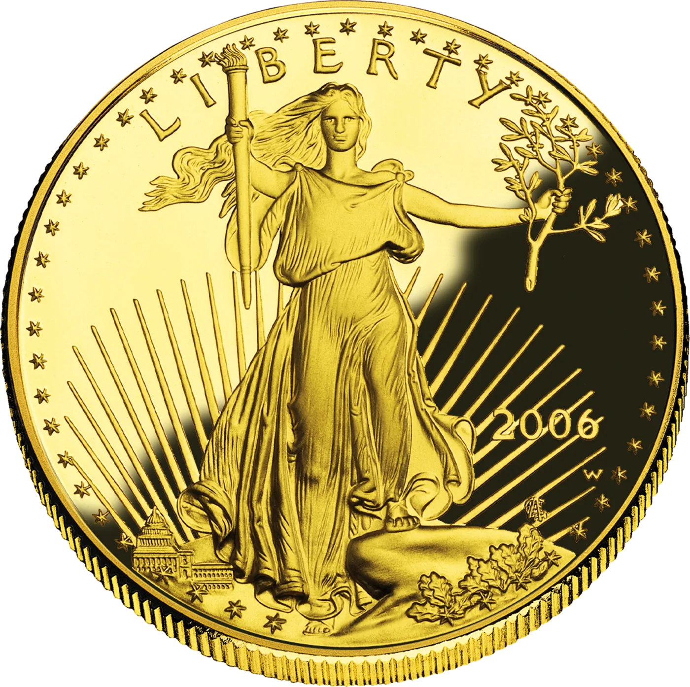 Obverse of a 2006-W proof American Gold Eagle, the W mint mark below and right of the date, between the rays and the border stars