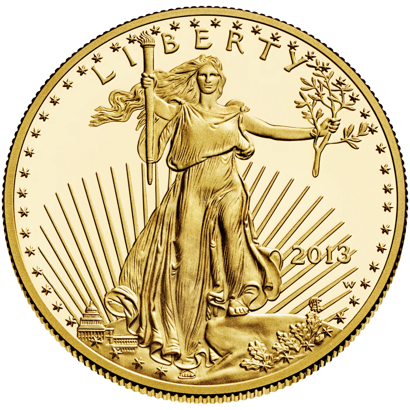 Obverse of a 2013-W American Gold Eagle, Saint-Gaudens' Liberty striding forward with a torch raised in one hand and an olive branch extended in the other, LIBERTY across the top and stars around the border