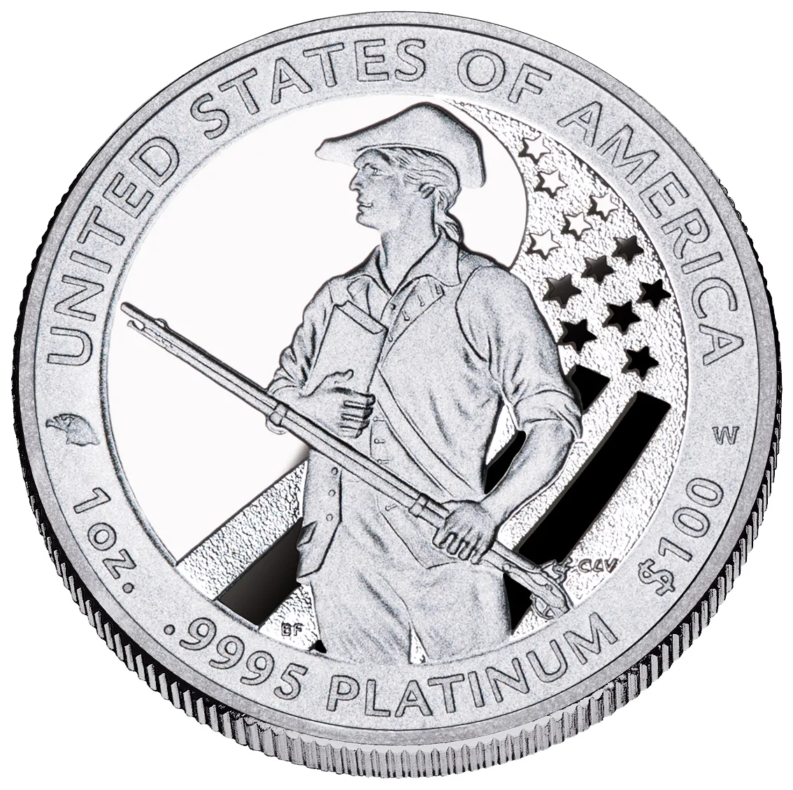 Reverse of a 2012 proof American Platinum Eagle, a minuteman in a tricorne hat holding a musket against a background of stars and stripes