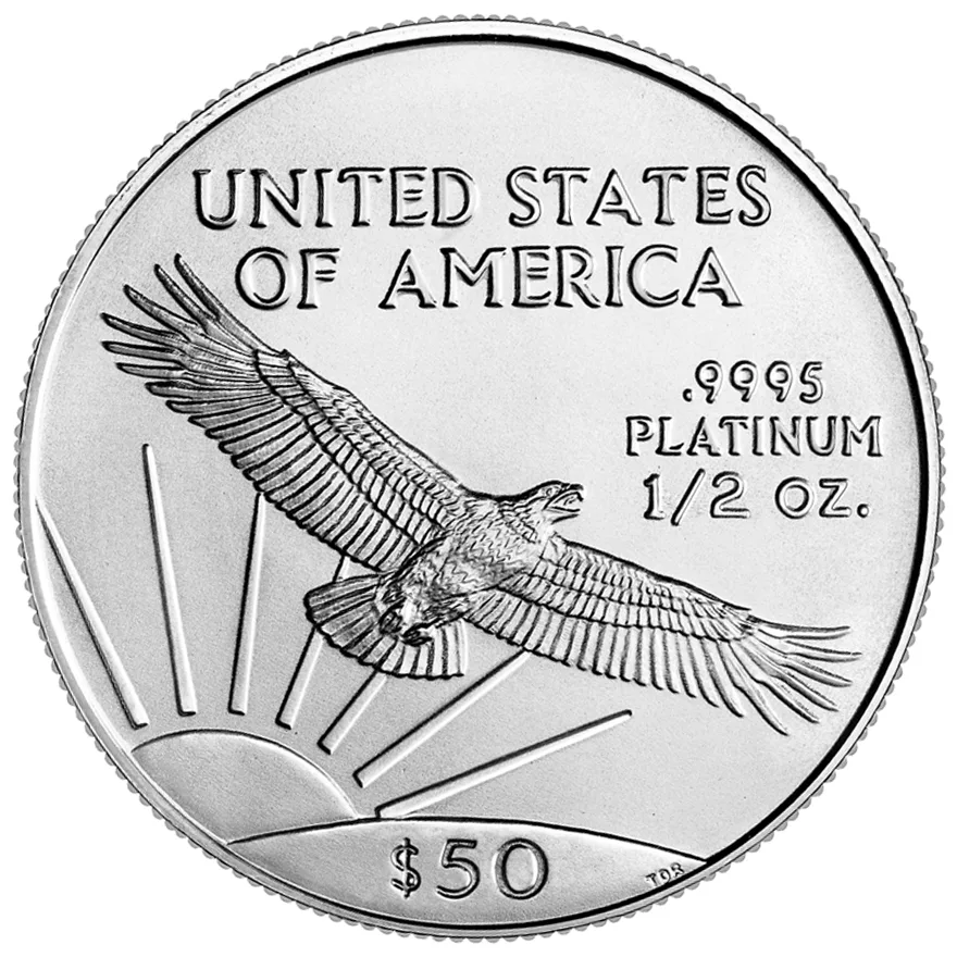 Reverse of a half-ounce American Platinum Eagle, the stacked legend reading .9995 PLATINUM 1/2 OZ. with $50 below the sunrise