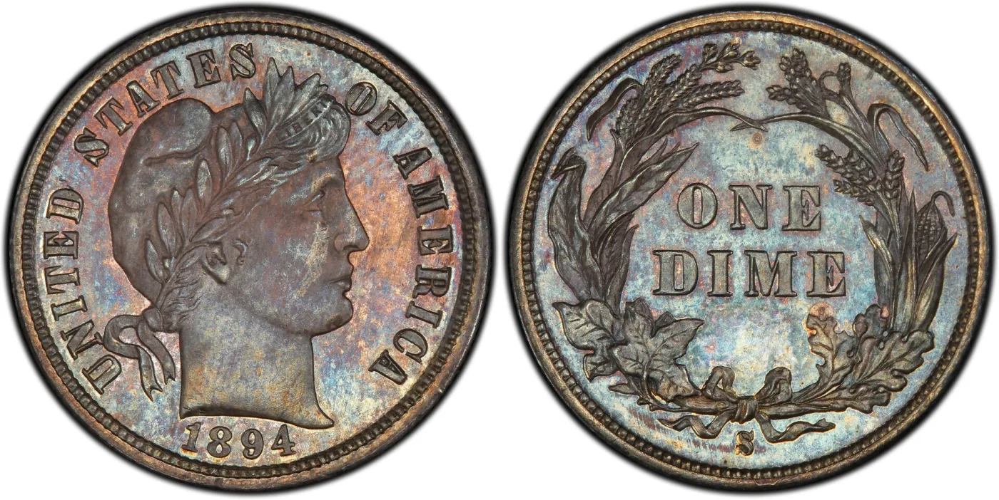 Obverse and reverse of an 1894-S Barber dime, the rarest coin in the series, with the S mint mark under the wreath bow