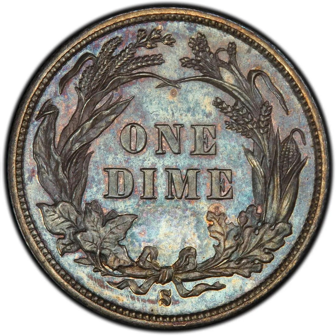 Reverse of an 1894-S Barber dime with the S mint mark directly below the bow of the wreath