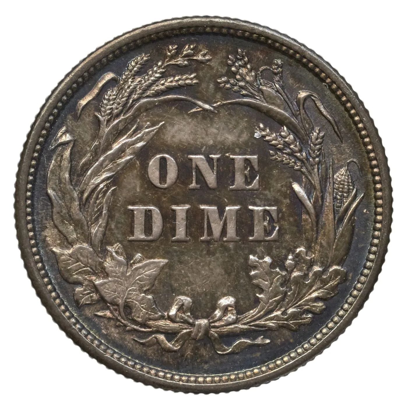 Reverse of an 1892 Barber dime showing ONE DIME inside a wreath of corn, wheat, maple and oak with no eagle