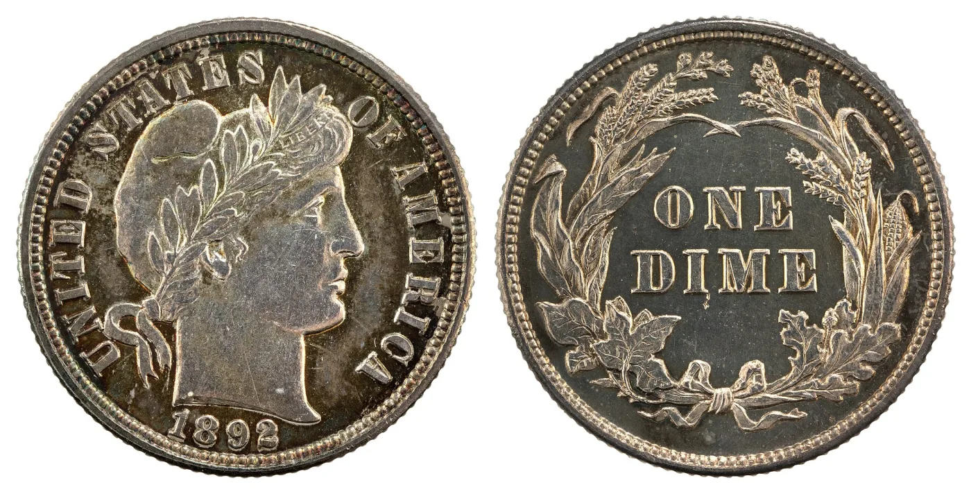 Obverse and reverse of an 1892 Barber dime, showing the laurelled Liberty head ringed by UNITED STATES OF AMERICA and the plain wreath around ONE DIME