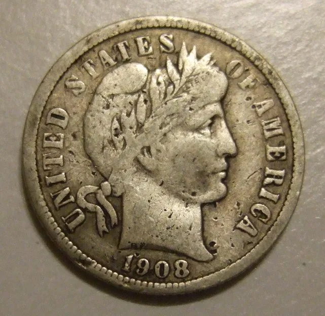 Obverse of a well-circulated 1908 Barber dime with the LIBERTY headband worn down to faint traces