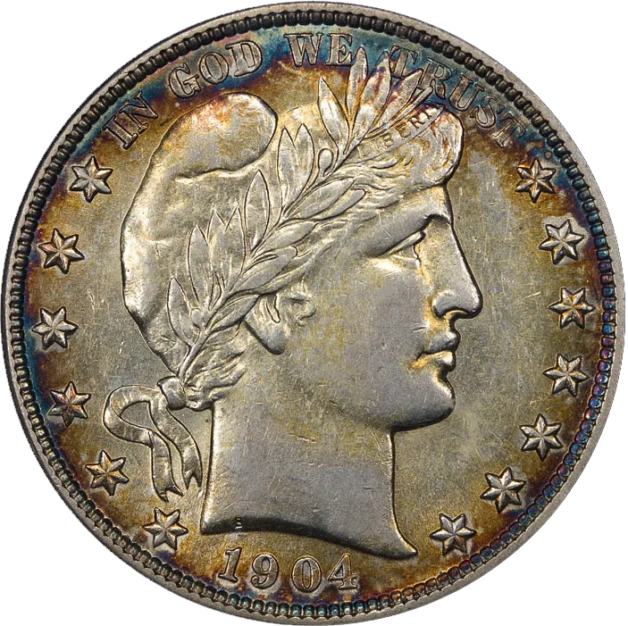 Obverse of a toned 1904 Barber half dollar showing Liberty facing right in a laurel wreath, LIBERTY on the headband and the date 1904 below the bust