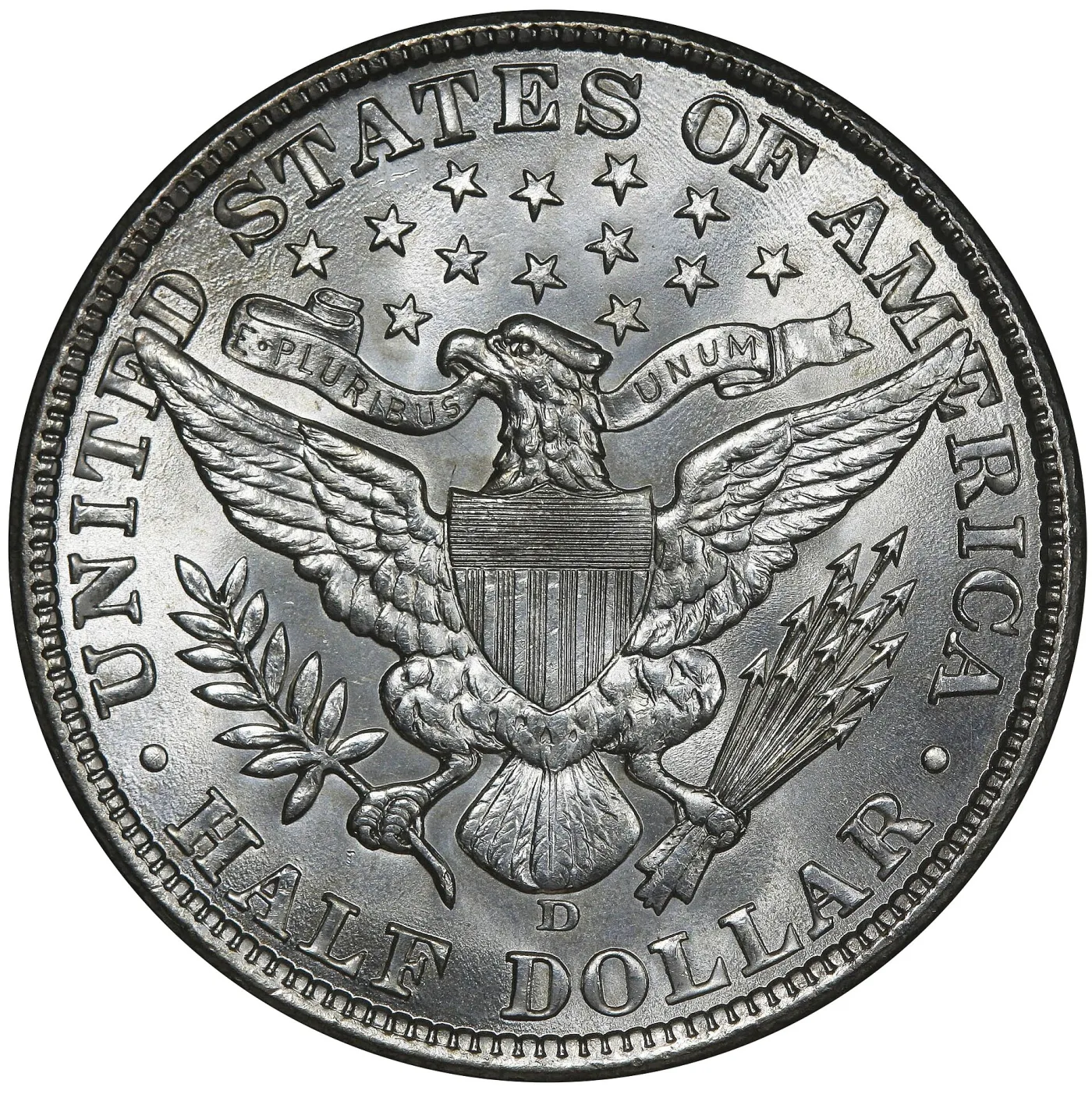 Reverse of a 1907-D Barber half dollar with a bold rounded D mint mark below the eagle's tail feathers above the HALF DOLLAR legend