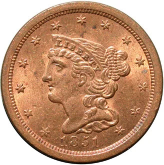Obverse of an uncirculated 1851 Braided Hair half cent retaining bright orange-red mint colour across the fields