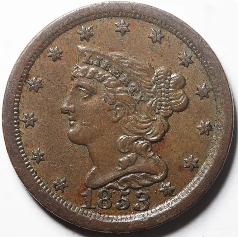 Obverse of a lightly circulated 1853 Braided Hair half cent, the coronet LIBERTY fully legible and the beaded bun still showing separate strands, on olive-brown surfaces