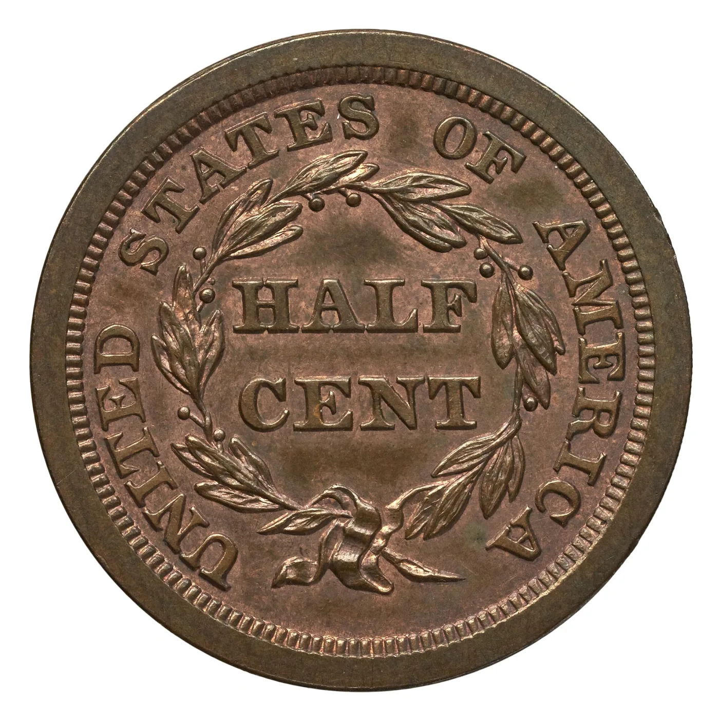 Reverse of an 1841 Braided Hair half cent proof with sharp wreath detail, reflective fields and HALF CENT inside the wreath