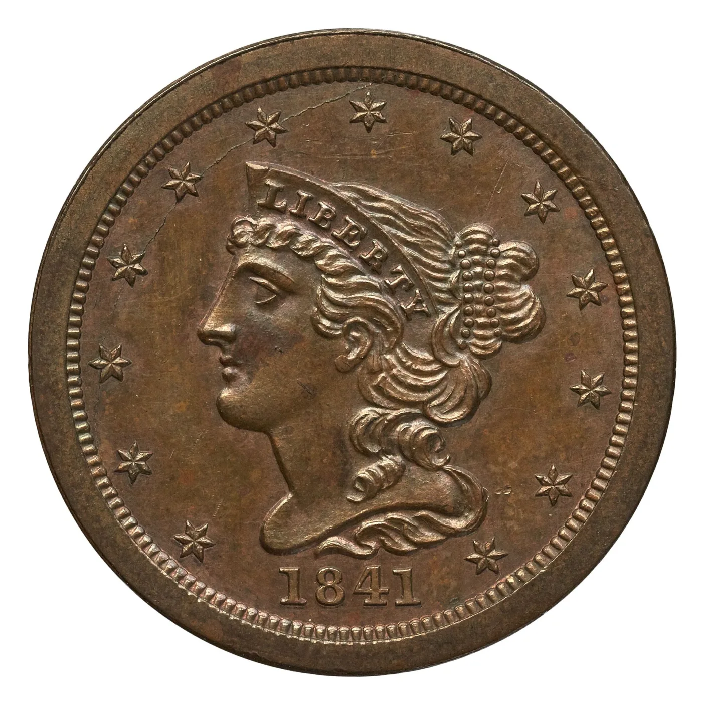 Obverse of an 1841 Braided Hair half cent proof, showing squared rims, fully struck star points, flat mirror-like fields and the date 1841 below