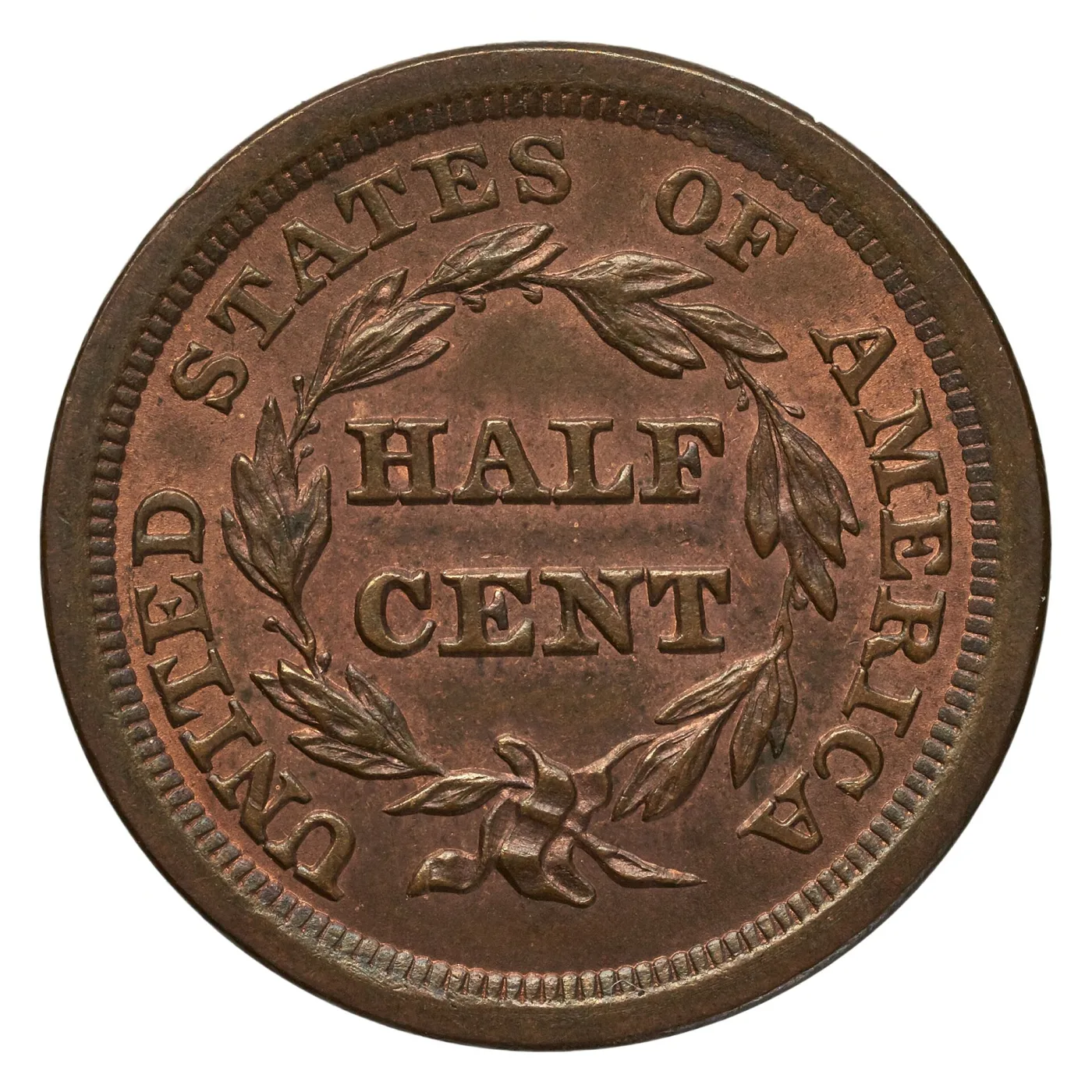 Reverse of an uncirculated 1855 Braided Hair half cent with unworn wreath detail and mixed red-orange and brown surfaces