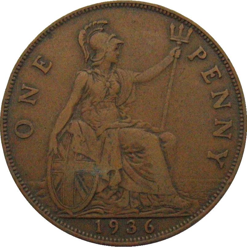 Reverse of a 1936 British penny, Britannia seated with trident and shield, the words ONE PENNY around her and the date 1936 below