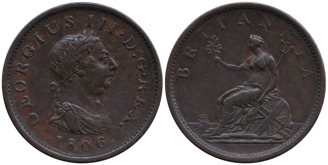 Obverse and reverse of an 1806 British penny, a laureate bust of George III facing right and a seated Britannia