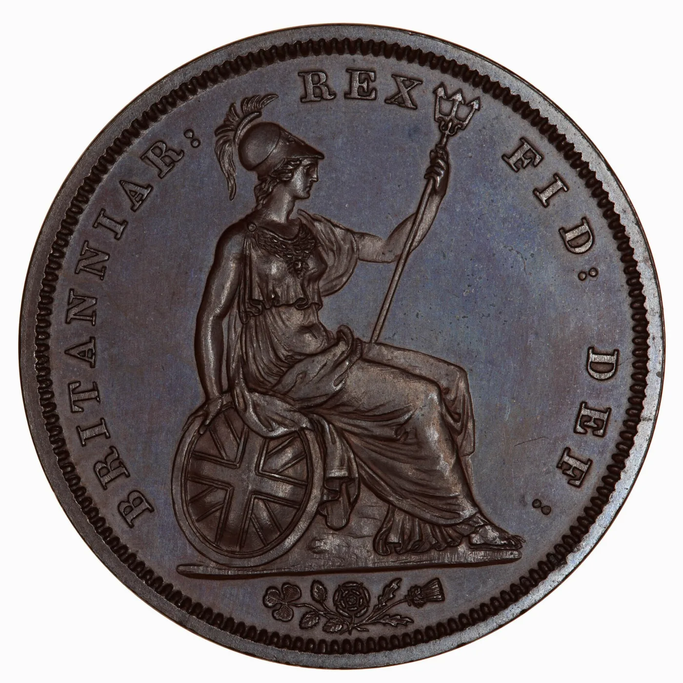 Reverse of an 1831 British penny, Britannia seated facing right holding a trident, with a shield bearing the Union flag beside her