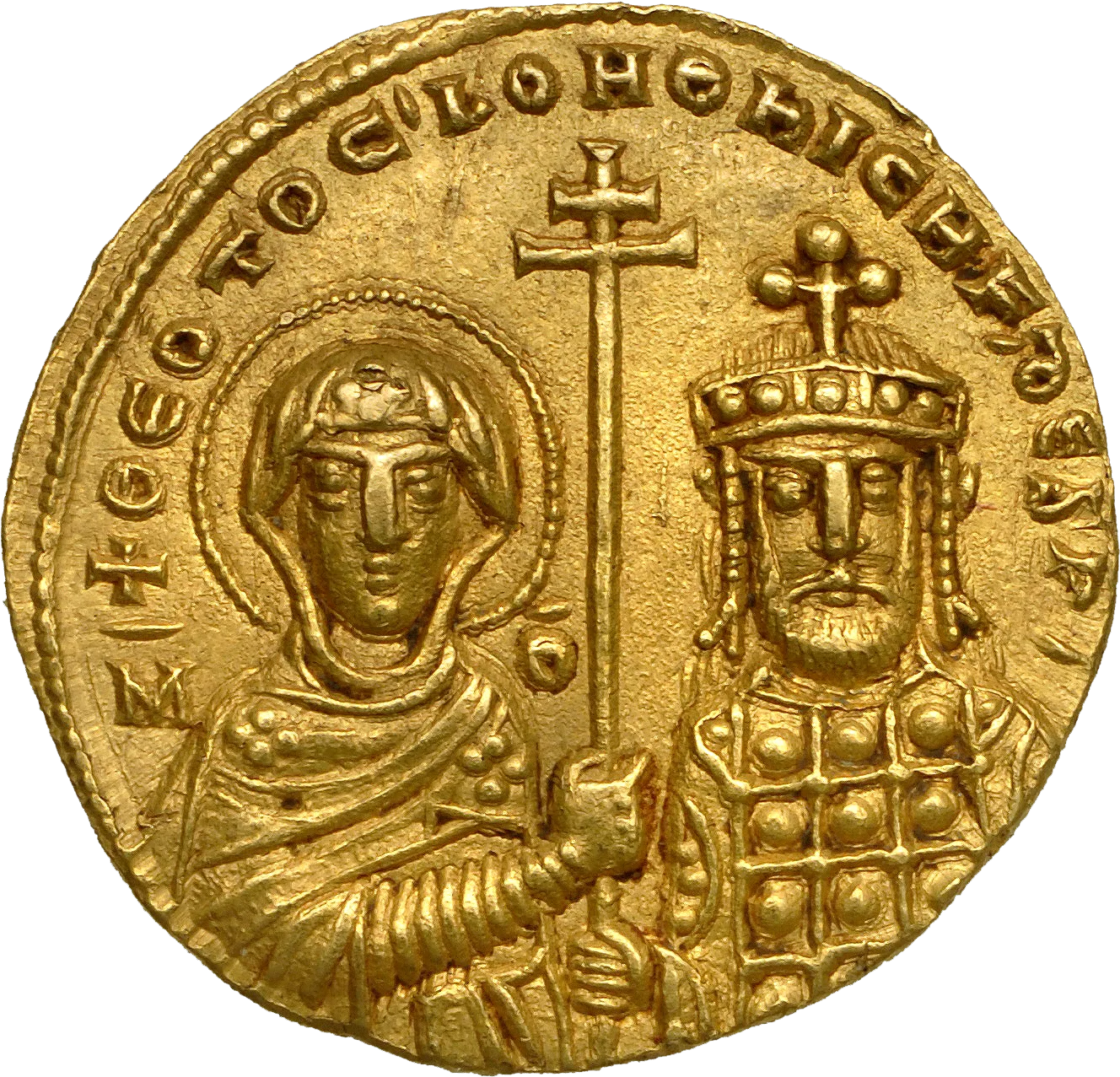 Gold Byzantine coin showing two standing figures, a haloed woman on the left and a crowned emperor on the right, holding a long cross between them