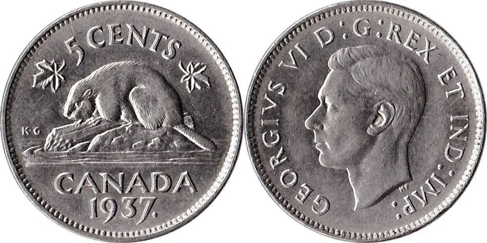 Obverse and reverse of a 1937 Canadian five cent coin, a beaver on a log on one side and a bare-headed portrait of King George VI on the other