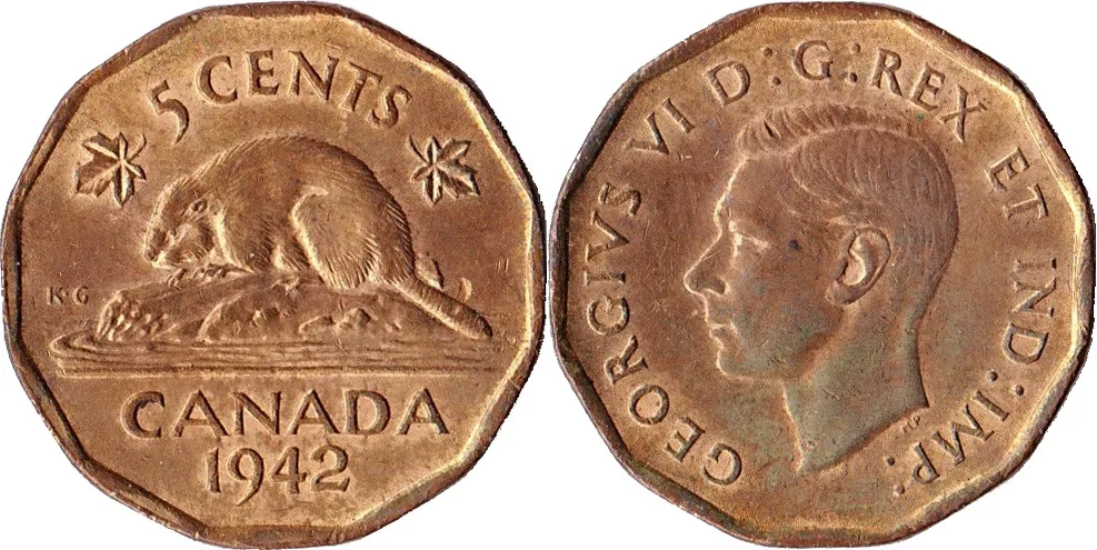 Obverse and reverse of a 1942 Canadian five cent coin, twelve-sided and brass-coloured, with a beaver on one side and King George VI on the other