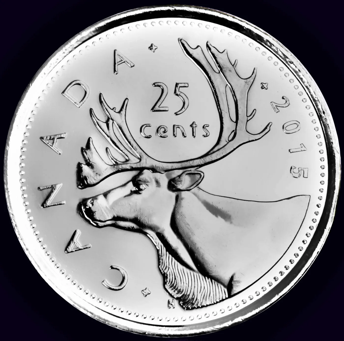 Reverse of a 2015 Canadian twenty-five cent coin showing a caribou head in profile with the denomination below