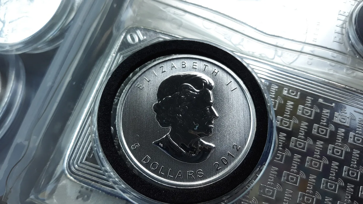 A modern Canadian silver bullion coin showing a single maple leaf with fine radial lines in the background field