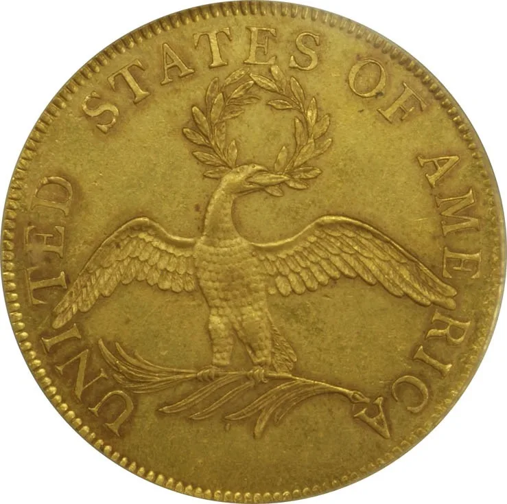 Small Eagle reverse of an early US eagle: a slender bird with outstretched wings on a palm branch holding a wreath in its beak, UNITED STATES OF AMERICA around the rim, no shield