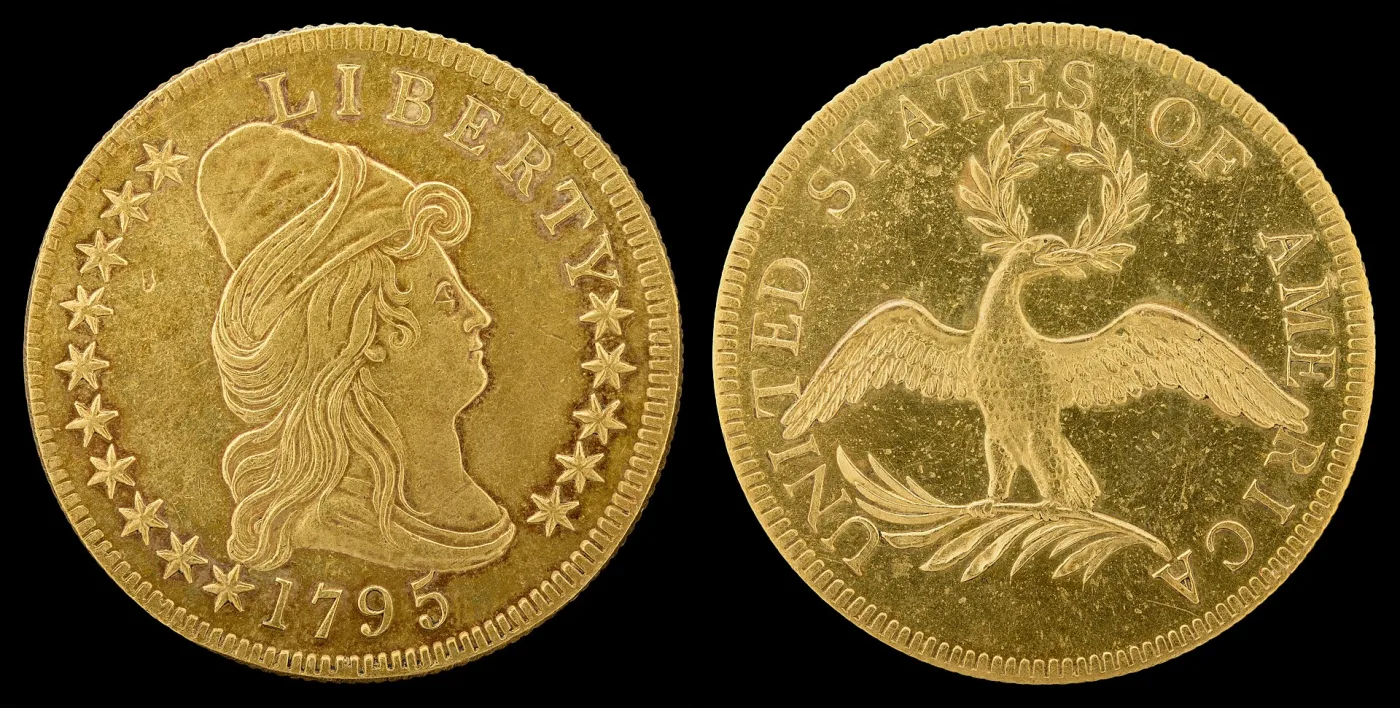 Obverse and reverse of a gold eagle dated 1795, the obverse showing Liberty facing right in a tall cloth cap and the reverse a slender eagle on a palm branch holding a wreath in its beak