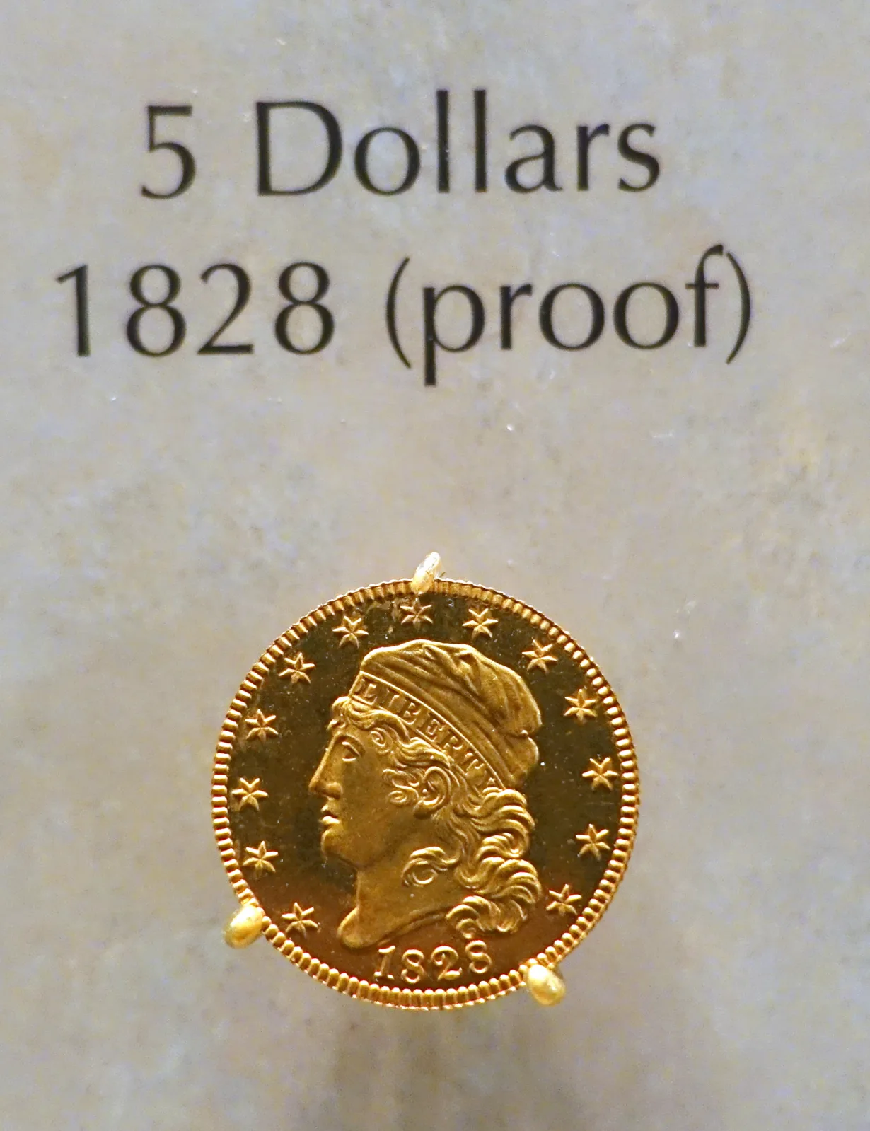 An 1828 proof half eagle mounted in display clips below a placard reading 5 Dollars 1828 (proof), the fields dark and mirrored around a bright portrait