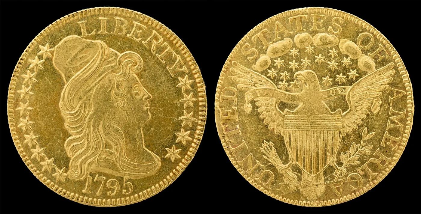 Obverse and reverse of a 1795 half eagle, Liberty facing right in a tall conical cap above the date 1795, and a heraldic eagle with a shield on its breast
