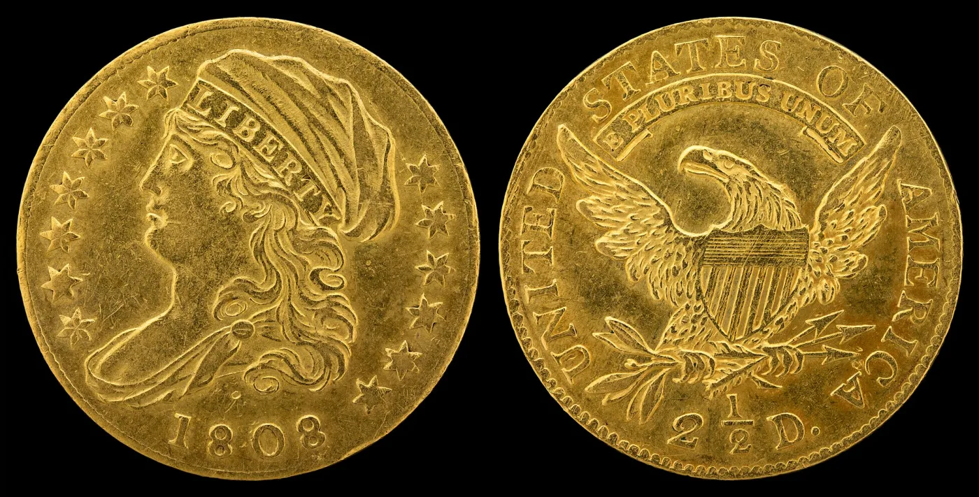 Obverse and reverse of an 1808 quarter eagle, Liberty in a cap facing left with the date 1808 below, and a heraldic eagle reverse reading 2 and a half D.