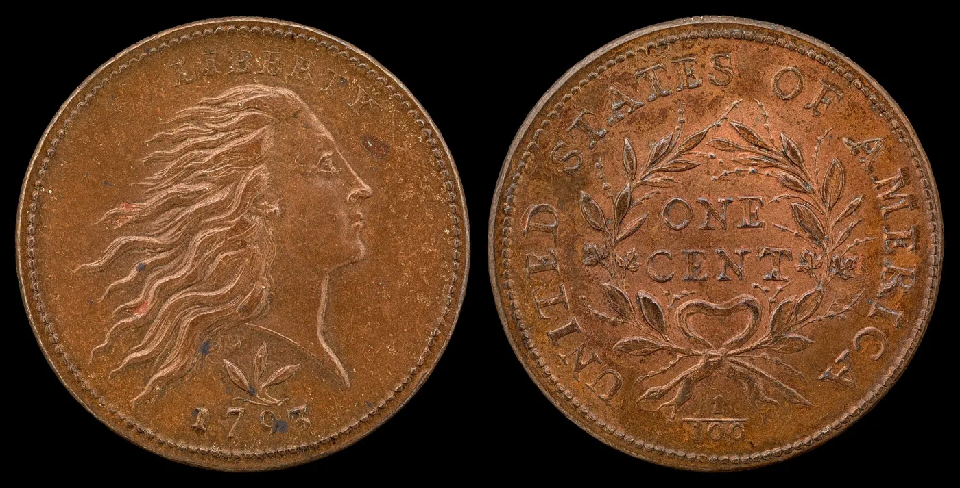 Obverse and reverse of a 1793 Wreath cent, showing Flowing Hair Liberty with a sprig below the bust and a wreath enclosing ONE CENT