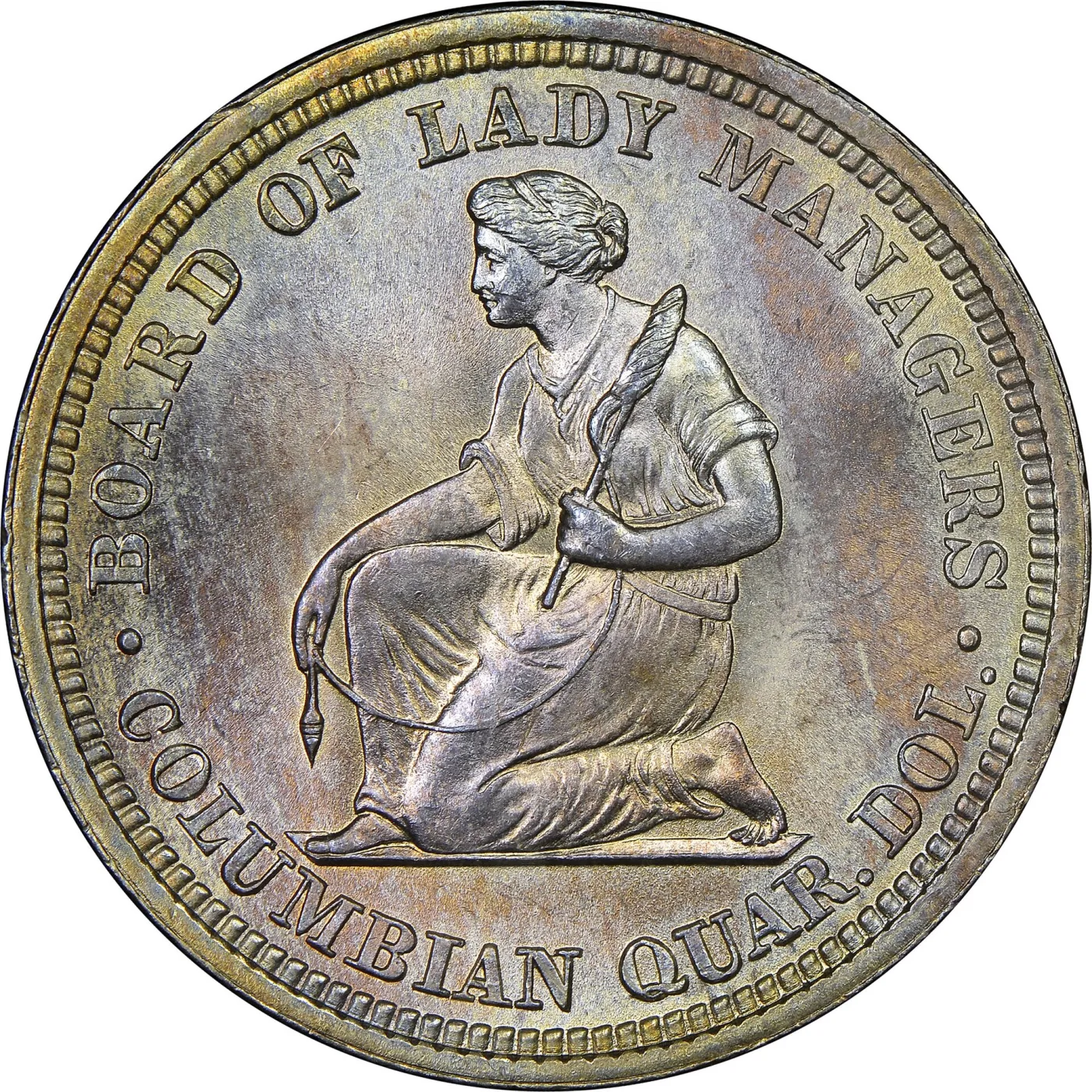 Reverse of the 1893 Isabella quarter showing a kneeling woman holding a distaff and spindle, with BOARD OF LADY MANAGERS and COLUMBIAN QUAR DOL around her