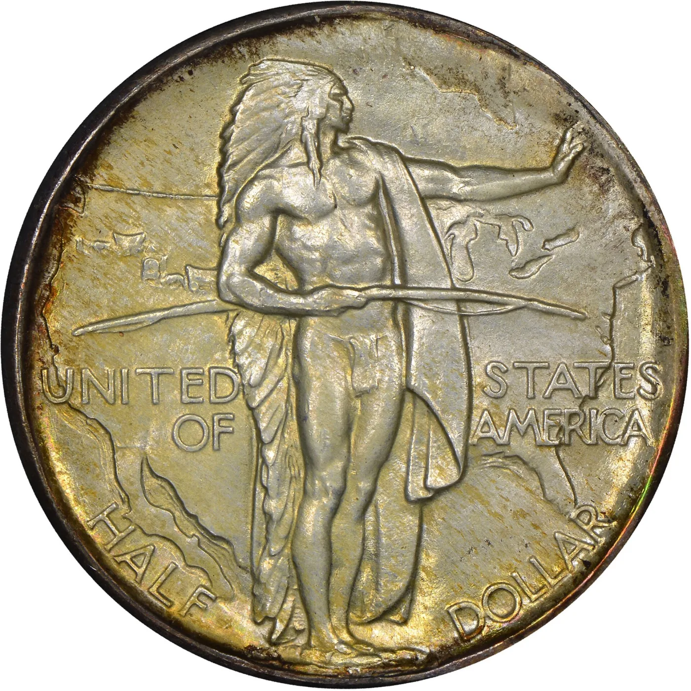 Obverse of an Oregon Trail Memorial half dollar showing a standing Native American figure in a feathered headdress holding a bow, superimposed on an outline map of the United States