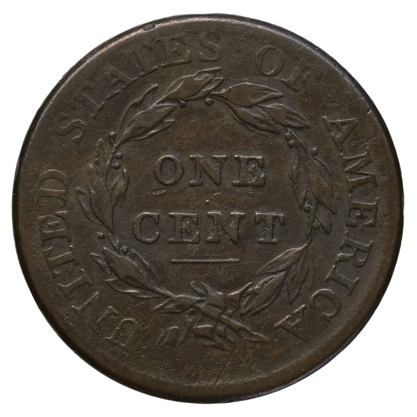 Reverse of the same 1808 Classic Head large cent, ONE CENT inside a wreath above a short horizontal bar, with nothing beneath the ribbon bow