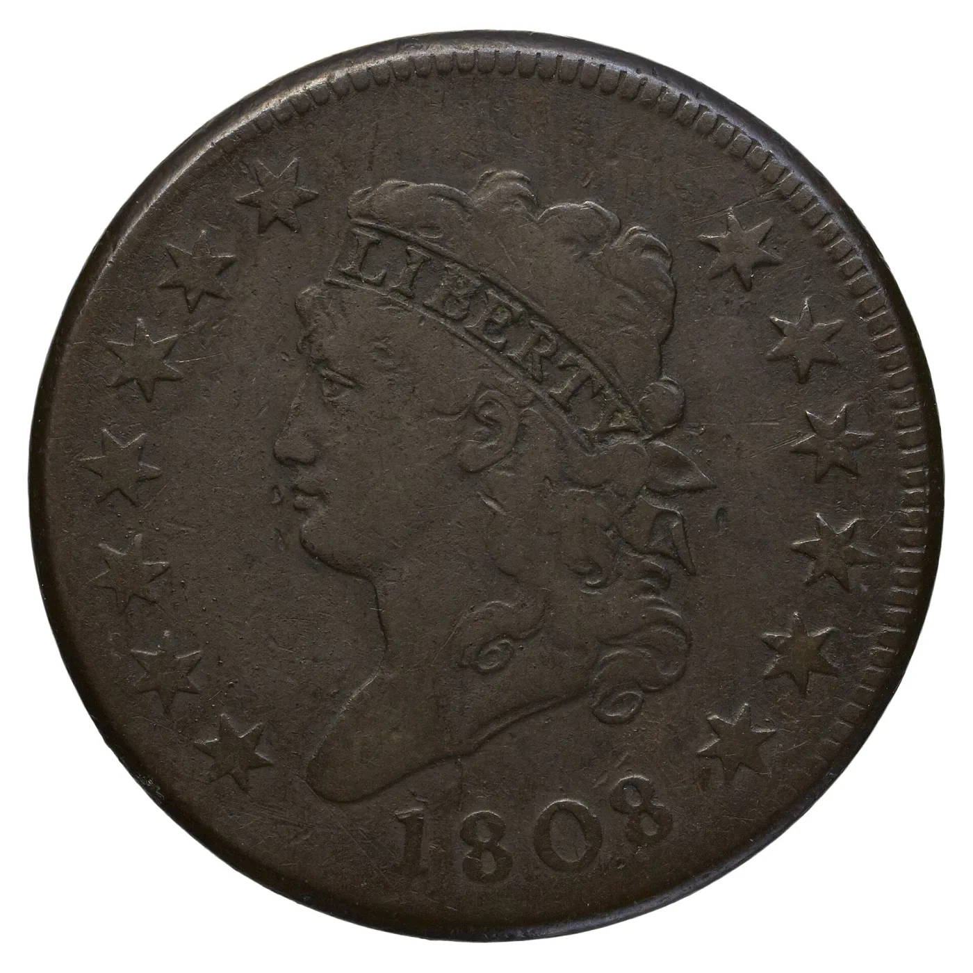 Obverse of an 1808 Classic Head large cent, the first year of the type, with a legible LIBERTY headband and the date 1808 below the bust