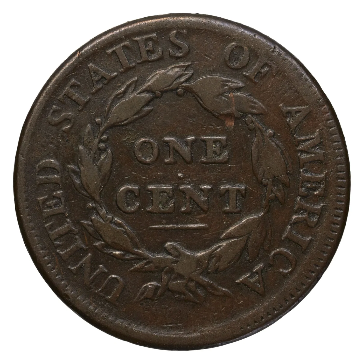 Reverse of the same 1811 Classic Head large cent showing the wreath, the bar beneath CENT and a bare field under the ribbon bow
