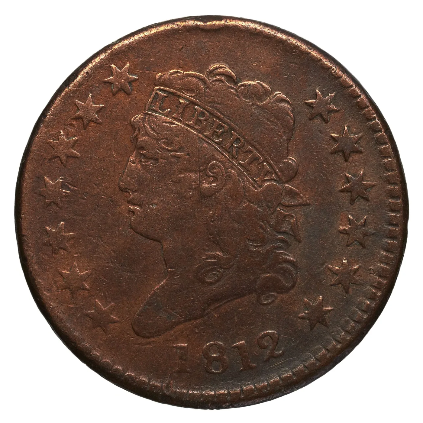 Obverse of an 1812 Classic Head large cent showing Liberty facing left in a lettered headband, seven stars to the left and six to the right, and the date below the bust