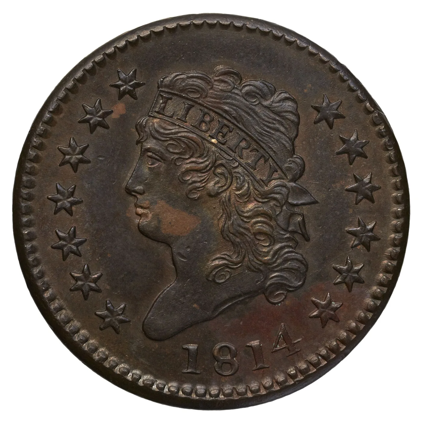 Obverse of an 1814 Classic Head large cent, Liberty facing left wearing a broad band lettered LIBERTY across her forehead, ringed by thirteen stars above the date